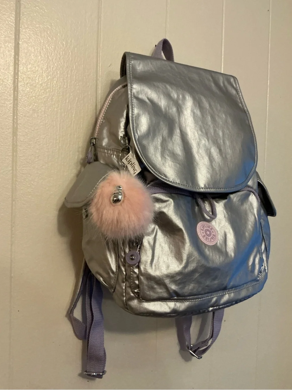 NWT Kipling city pack Metallic Backpack Purple Straps Monkey Zip Pockets Bag